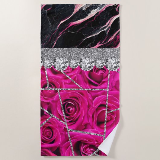 バスルーム内装デザインホームブラックグリッターマーブル ビーチタオル (正面)