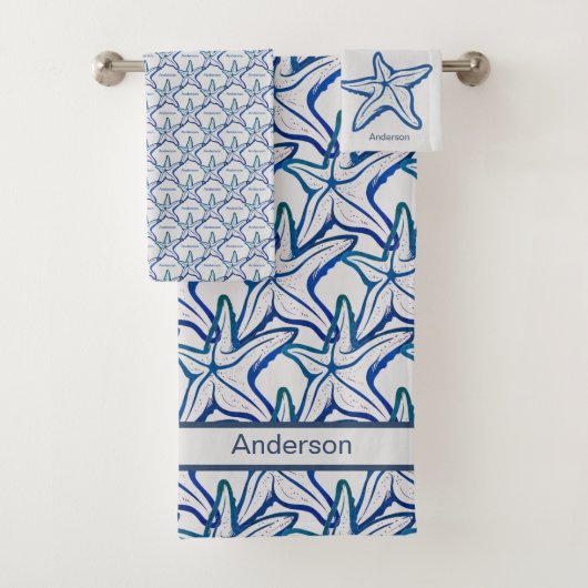 バスルーム航海のネイビーブルースターフィッシュパターンバス バスタオルセット (インサイチュ)