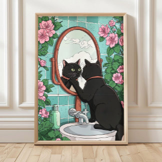 バスルーム 黒猫 鏡プリント 楽しい日本語デザイン ポスター
