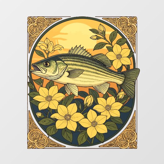 バスロックストライプのフィッシュと黄色のジャスミンの花 ウィンドウサイン (シート)