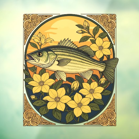 バスロックストライプのフィッシュと黄色のジャスミンの花 ウィンドウサイン (シート3)