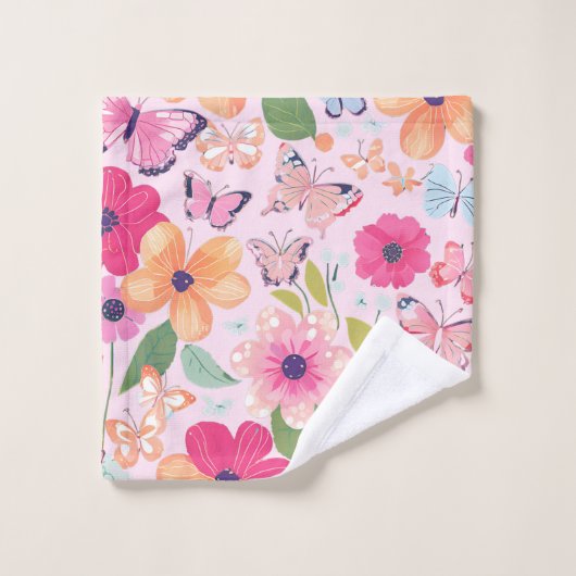 バス タオル 蝶々と花 ピンク (ウォッシュタオル)