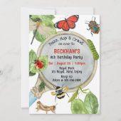 バズ・ホップ・クロール、バグパーティー、どんな年齢の方でも、自然をテーマにしたパーティープランです。 招待状 (正面)