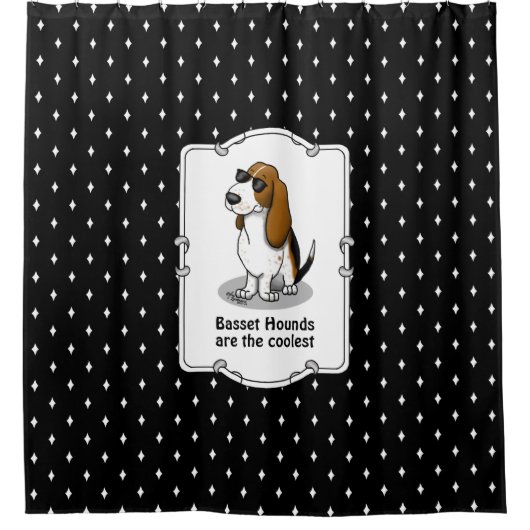 バセカッコいいットハウンド犬とサングラス(トライカラー1) シャワーカーテン (正面)