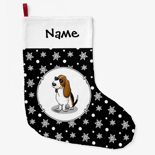 バセカッコいいットハウンド犬とサングラス(トライカラー1) ラージクリスマスストッキング (正面)