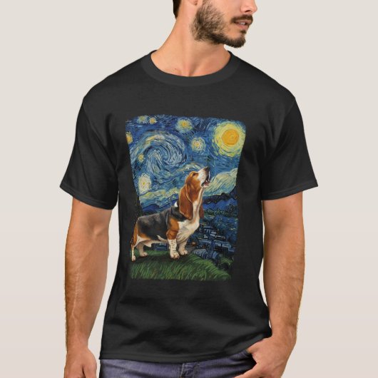 バセットハウンドが月に吠える星空のバン Tシャツ (正面)