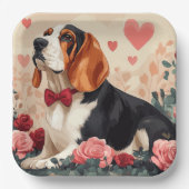 バセットハウンドとバラ – バレンタインデー ペーパープレート (正面)