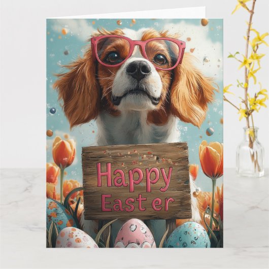 バセットハウンドのイースターエッグ カード (黄色い花)