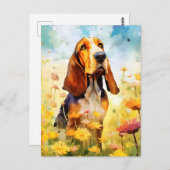 バセットハウンドのカラフルな水彩画 ポストカード (正面/裏面)