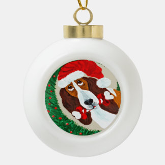 バセットハウンドのクリスマスリース セラミックボールオーナメント