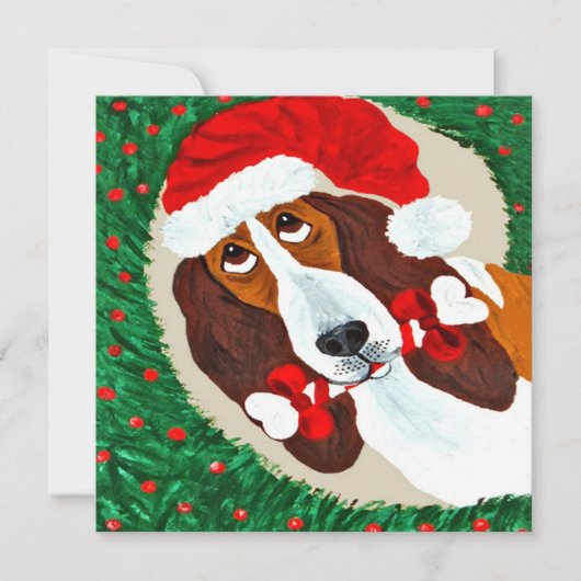 バセットハウンドのクリスマスリース 招待状 (正面)