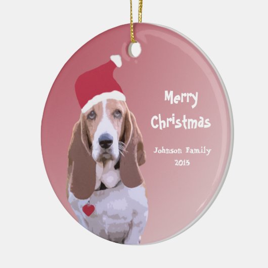 バセットハウンドのサンタのパーソナライズなクリスマス セラミックオーナメント (左)