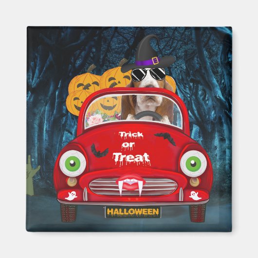 バセットハウンドのハロウィン運転 マグネット (正面)