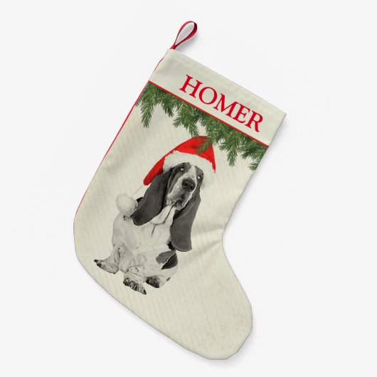 バセットハウンドのヴィンテージのスタイル スモールクリスマスストッキング (正面 (吊り時))