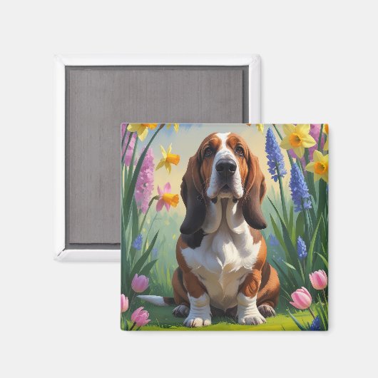 バセットハウンドの春の花の絵画  マグネット (正面/裏面)
