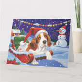 バセットハウンドの犬のそり雪クリスマス カード (正面)