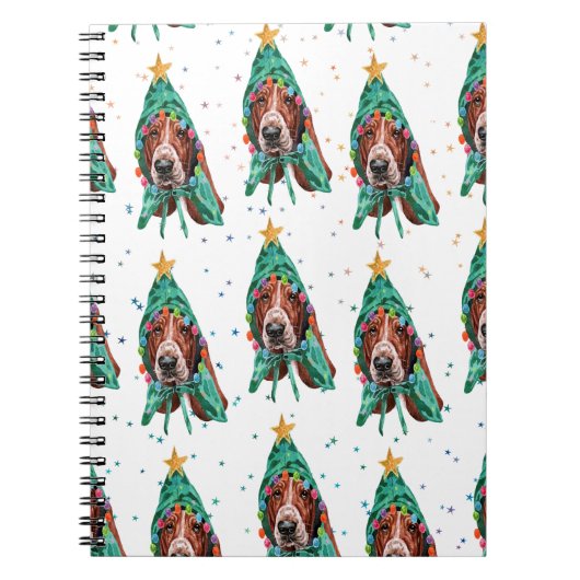 バセットハウンドの犬の柄の星のクリスマス ノートブック (正面)