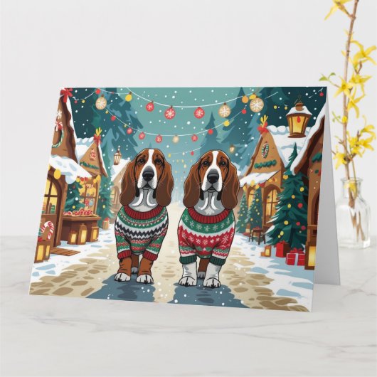 バセットハウンドの犬 クリスマス スノー ホリデー カード (黄色い花)