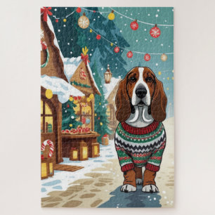 バセットハウンドの犬 クリスマス スノー ホリデー ジグソーパズル