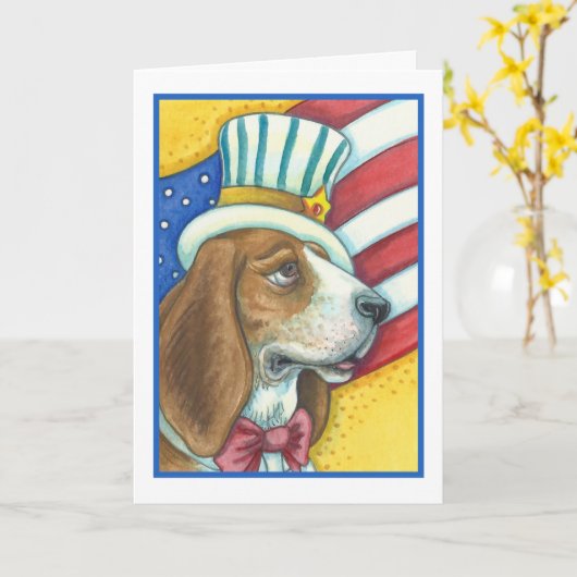 バセットハウンドの米国政府の犬の挨拶状の詩 カード (黄色い花)