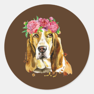 バセットハウンドの花冠水彩美術犬ママ ラウンドシール