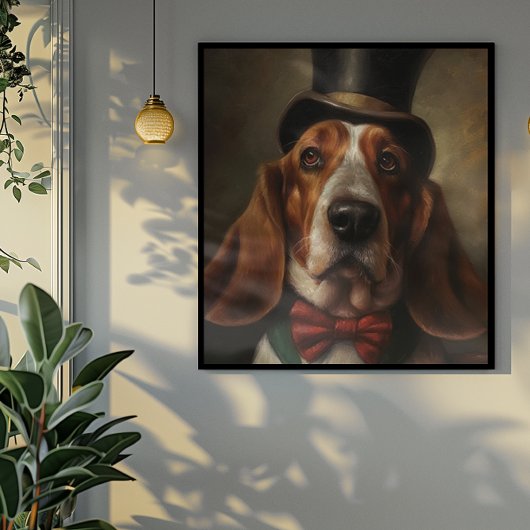バセットハウンドはトップと赤の蝶ネクタイを着ている ポスター