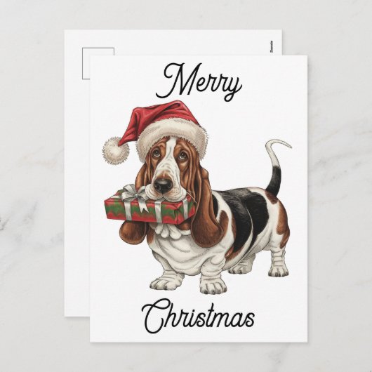 バセットハウンドを着たサンタパーソナライズされたハット シーズンポストカード (正面/裏面)