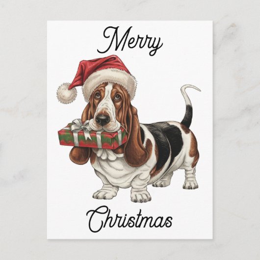バセットハウンドを着たサンタパーソナライズされたハット シーズンポストカード (正面)