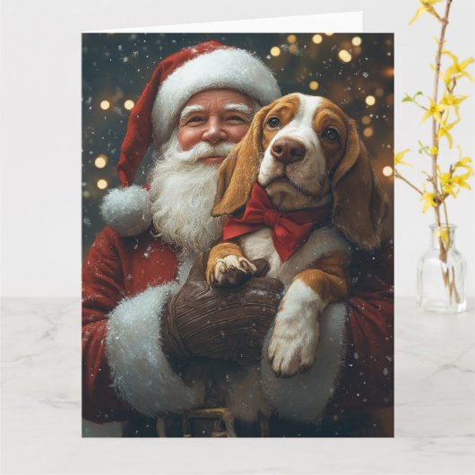 バセットハウンドウィズサンタクロースフェスティバルクリスマス カード (黄色い花)