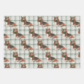 バセットハウンドクリスマスドッグとグリーンホリデープレイド ラッピングペーパーシート (正面3)