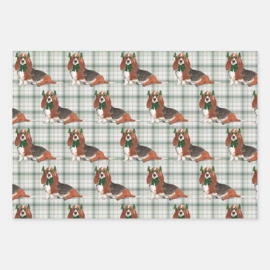 バセットハウンドクリスマスドッグとグリーンホリデープレイド ラッピングペーパーシート (正面3)