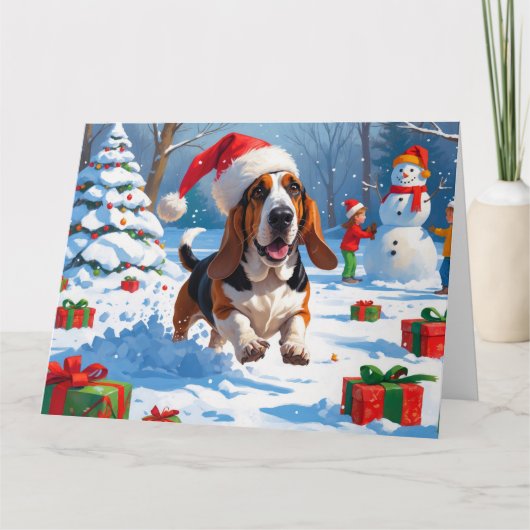 バセットハウンドクリスマスフェスティバルスノーシーン カード (正面)