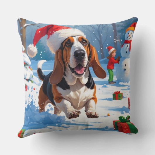 バセットハウンドクリスマスフェスティバルスノーシーン クッション (裏面)