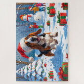 バセットハウンドクリスマスフェスティバルスノーシーン ジグソーパズル (縦)