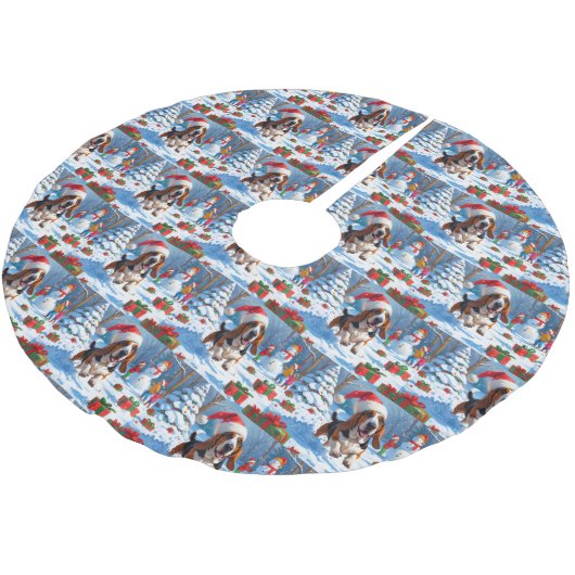 バセットハウンドクリスマスフェスティバルスノーシーン ブラッシュドポリエステルツリースカート (アングル)