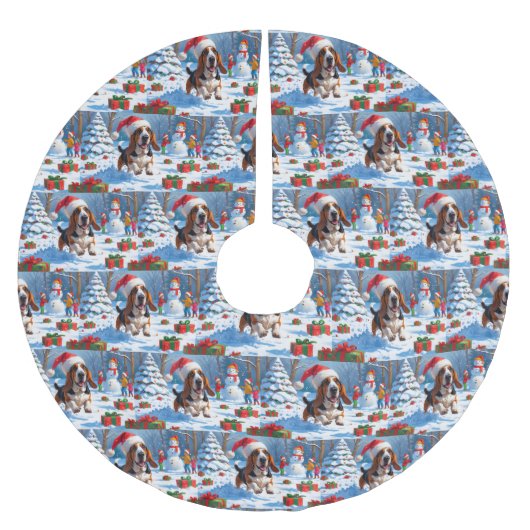 バセットハウンドクリスマスフェスティバルスノーシーン ブラッシュドポリエステルツリースカート (正面)