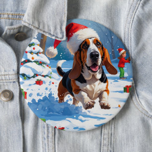 バセットハウンドクリスマスフェスティバルスノーシーン 缶バッジ