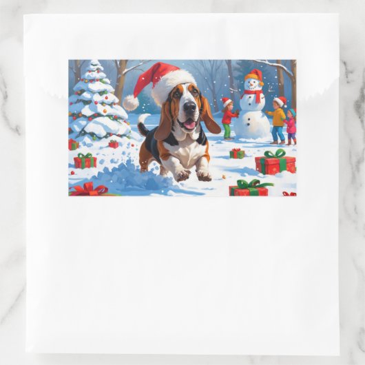 バセットハウンドクリスマスフェスティバルスノーシーン 長方形シール (バッグ)
