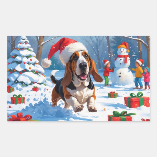バセットハウンドクリスマスフェスティバルスノーシーン 長方形シール (正面)