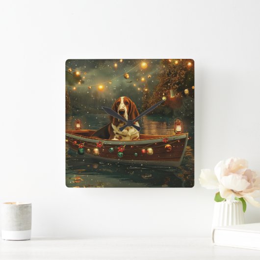 バセットハウンドクリスマスフェスティバル航海 スクエア壁時計 (ホーム)