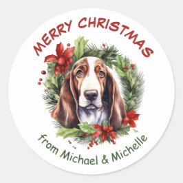バセットハウンドクリスマスポインセチアリース ラウンドシール