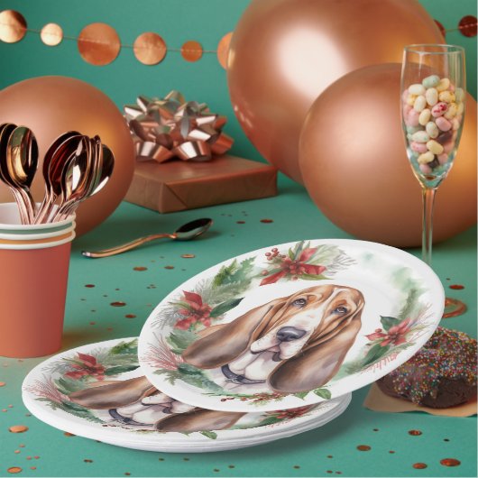 バセットハウンドクリスマスリースフェスティバルカップ ペーパープレート (複数)