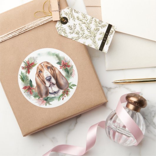 バセットハウンドクリスマスリースフェスティバルカップ ラウンドシール (ギフト)