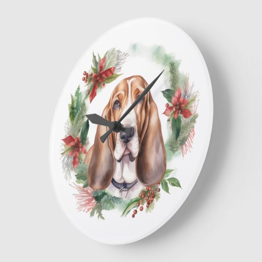 バセットハウンドクリスマスリースフェスティバルカップ ラージ壁時計 (傾斜)
