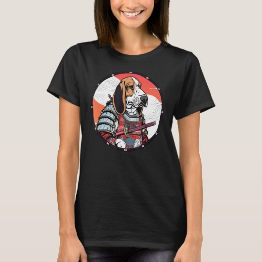 バセットハウンドサムライおもしろい犬戦士 Tシャツ (正面)
