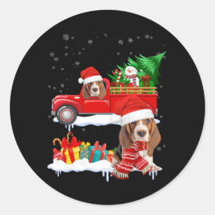バセットハウンドサンタドッグレッドトラッククリスマス ラウンドシール