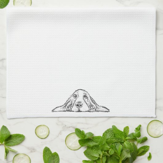 バセットハウンドシンプル白黒子犬の目 キッチンタオル (折り畳み)
