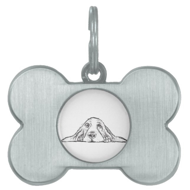 バセットハウンドシンプル白黒子犬の目 ペットネームタグ (正面)