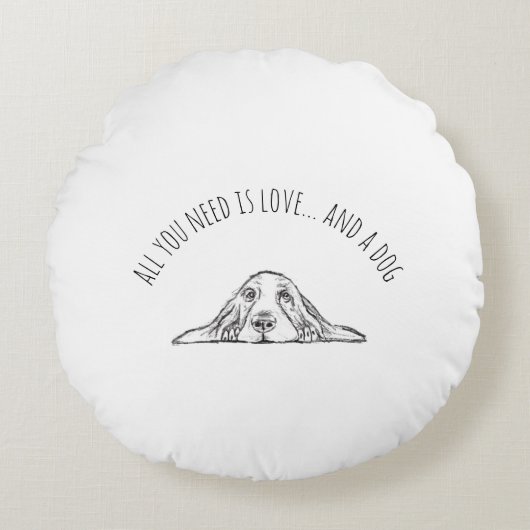 バセットハウンドシンプル白黒子犬の目 ラウンドクッション (正面)