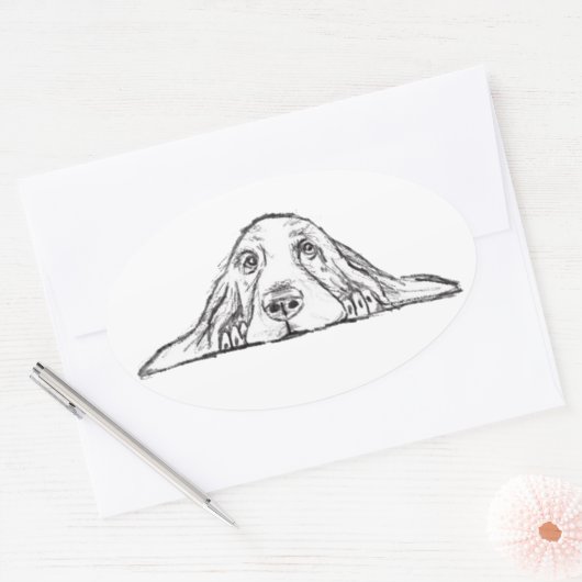 バセットハウンドシンプル白黒子犬の目 楕円形シール (封筒)